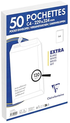 Clairefontaine 825050C – förpackning med 50 fraktpåsar vit C4-229 x 324 mm, självhäftande, 120 g, 1-pack