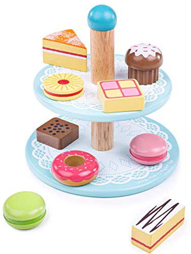 Bigjigs Toys Wooden Cake Stand with 9 Cakes, Two-Tier Afternoon Tea Set | Doughnut, Macarons, Battenberg, Cupcake & Victoria Sponge, Quality Play Food Set, Educational Gift for Children, Age 3+