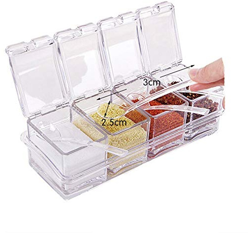 CHYIR 4-Piece Clear Seasoning Rack Spice Pots Storage Container Condiment Jars Cruet with Cover and Spoon Kitchen Utensils Supplies