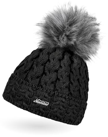 Neverless® Damen Strick-Mütze gefüttert Fell-Bommel Kunstfell Winter-Mütze Bommelmütze Zopfstrickmuster Fleece-Innenfutter Umschlag