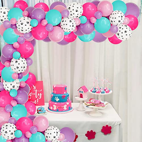 Hund Thema Geburtstag Deko, Pfote Gedruckt Ballon Girlande, Hund Pfotenabdruck, rosa lila weiße Luftballons zum Mädchen 1 2 3 jahre Geburtstag, Baby Shower Party Supplies