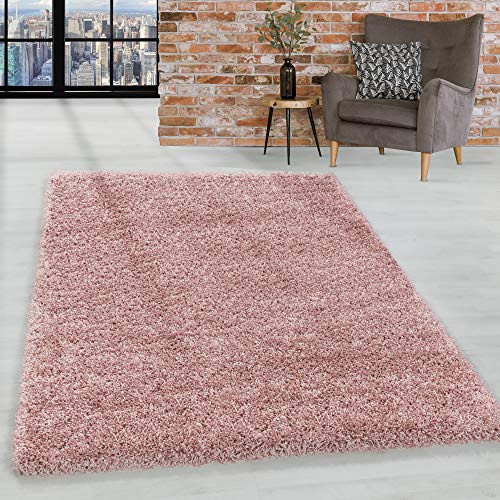 HomebyHome Shaggy Hochflor Teppich, 140x200 cm, Rosa, weich, flauschig, modern, einfarbig, Vielseitig einsetzbar im Wohnbereich, für Wohnzimmer Schlafzimmer Flur