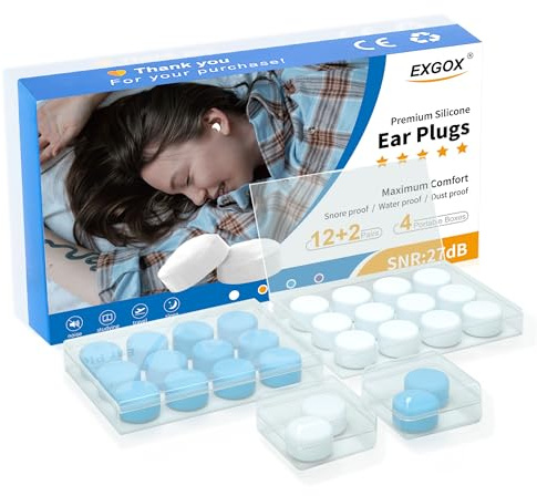 EXGOX 14 Pairs Silicone Ear Plugs for Sleeping Noise Cancelling Reusable Moldable Wax Earplugs for Swimming, Work, Airplane, SNR27dB(Blue, White)