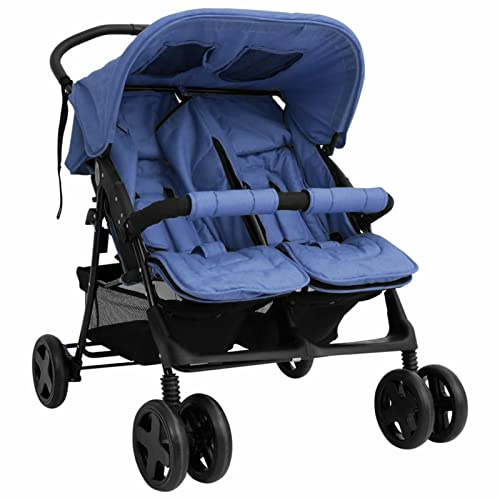 Tidyard Geschwisterwagen Zwillingswagen Kinderwagen Doppelkinderwagen Zwillingsbuggy Zusammenklappbar Marineblau Stahl