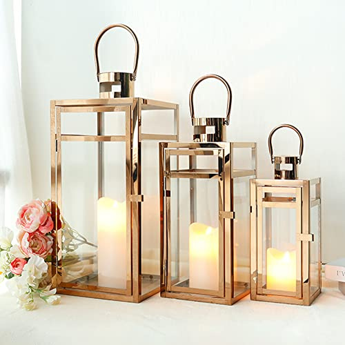 TRIROCKS 3er-Set Edelstahl Kerzenlaterne 48 cm 38 cm 30 cm Hoch Metall Kerzenhalter Mit Klaren Glasscheiben Für Heimdekoration Wohnzimmer Partys Drinnen Draußen (Roségold) | Großes dekoratives Laternen-Set mit gehärtetem Glas für Kamin, Flur, Hochzeit, Tischplatte und geschützte Terrasse Styling