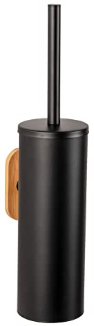 WENKO Turbo-Loc WC-Garnitur Orea Bamboo, geschlossene WC-Bürste aus Schwarz matt lackiertem Edelstahl kombiniert mit Einer Wandhalterung aus Bambus, Befestigung ohne Bohren, 9 x 41,5 x 13 cm