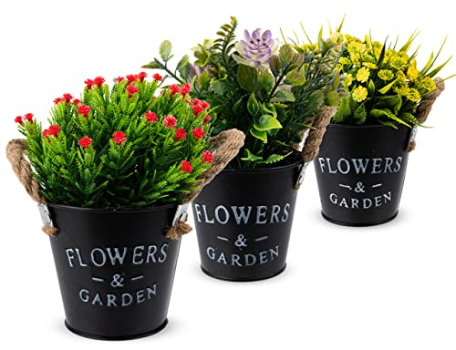 Coradoma Kunstblumen im Topf 3er Set Schwarz Künstliche Pflanzen Dekoration | Wohnzimmer Deko modern Küchendeko Blumen | Kunstpflanze Sukkulente Fensterbank Schreibtisch Wanddeko Büro