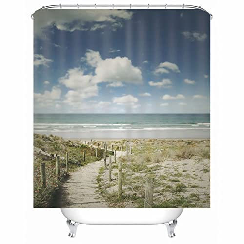 EHOMERY Duschvorhang Ohne Bohren L Form Duschrollo Für Badewanne Vintage Himmel-Gras-Spur Polyester Blau Grün Rostfreie Ösen Und 12 Hakenringe, 180X200Cm