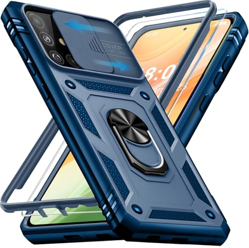 Handyhülle für Samsung Galaxy A51 Hülle mit Schutzfolie (Nicht für A51 5G) Galaxy A51 4G Schutzhülle mit Kameraschutz 360° Drehbarer Metall Ring Ständer Stoßfest A51 6.5 Case (Blau)