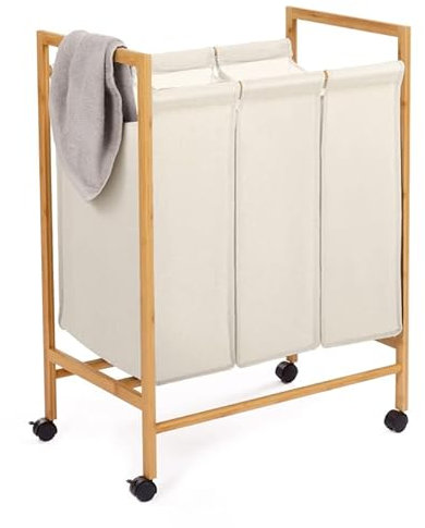 IDMarket - Panier à Linge 3 Compartiments Bambou Rita Tissu écru avec roulettes