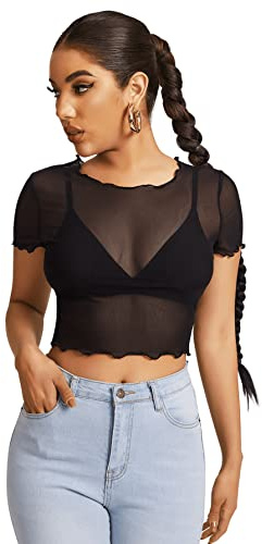 GORGLITTER Damen Crop Top Durchsichtig T-shirts Mesh Bauchfrei Oberteil Rundhals Tops Schwarz M