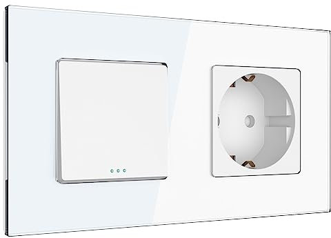 PULSAR Wechselschalter mit Steckdose Weiß Glas, Kombination 2-Fach mit Glasrahmen, Lichtschalter und Wandsteckdose Unterputz 16A 157 x 86mm