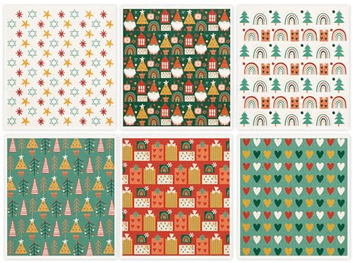Whaline 6Pcs Christmas Swedish Dishcloths Boho Xmas Tree Rainbow Heart Kitchen Dish Towels Reusable Washable Cotton Kitchen Towels for Cooking?Wiping Home Kitchen Decor, 6.7 x 7.7 Inch
