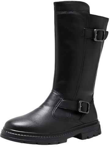 ANUFER Hombre Mitad de la Pantorrilla Botas de Motociclista Cremallera Lateral Puntera Redonda Negro Botas de Cuero