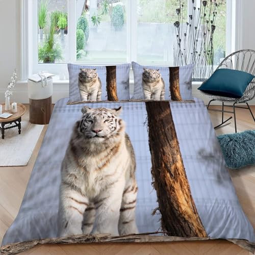 MAQUE Weiß BettwäSche 135x200 bengalischer Tiger 3D-gemustertes Mikrofaser Bettwäsche-Sets, Weich Bettbezug mit Reißverschluss und 2 Kissenbezüge 80 x 80cm