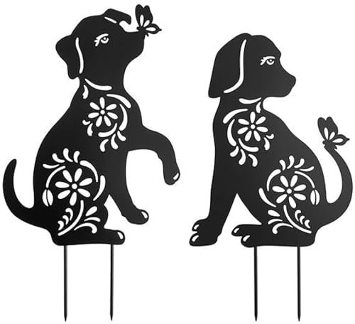 Lot de 2 Piquets de Jardin en Métal Noir pour Chat/chien, Statues Décoratives de Silhouette de Chat/chien Noir, Ornements D'art de Cour, Art Animal Mignon, Sculptures de Silhouette de Jardin(Chien)