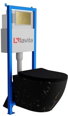Lavita LAV 101 Elemento de pared para inodoro de 40 cm + pared colgante profundo inodoro SOFI Slim Fire negro sin borde + placa de control LAV 200.4.5 oro | juego completo | cisterna empotrada |