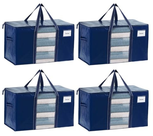 VENO 4 pezzi 95L Borse trasloco grandi, scatole per trasloco con coperchie e manici rinforzati, borsa di stoccaggio pieghevoli con finestra, salvaspazio (Blu con Finestra, Set da 4)