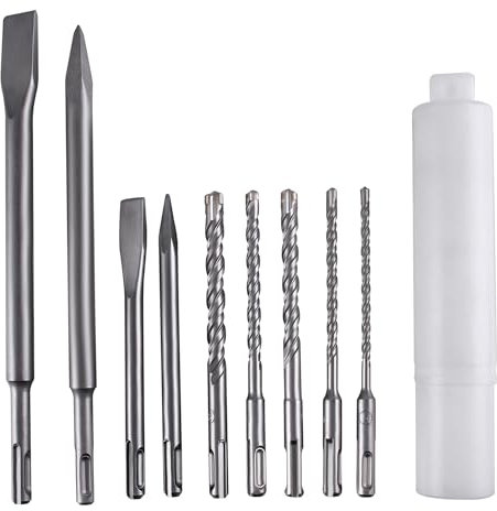SUKITMISO 9 Stück SDS Plus Bohrer Set, SDS Plus Bohrer und Meißel Set, Hammerbohrer + Punkt Meißel + Flacher Meißel für alle Bohrhämmer mit SDS-plus Aufnahme (SDS Plus, 9tlg)
