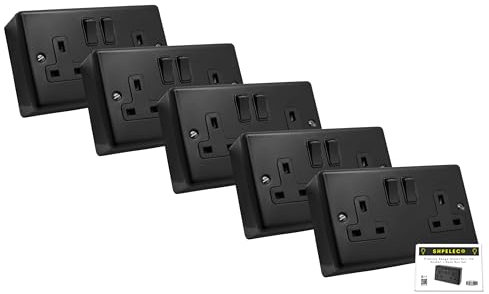 SHPELEC® Matt Black Finish 13A Metal Double Socket with 35mm PVC Surface Mount Back Box - Modern Design, Easy Installation (2 Gang Socket + Back Box (5 pack))