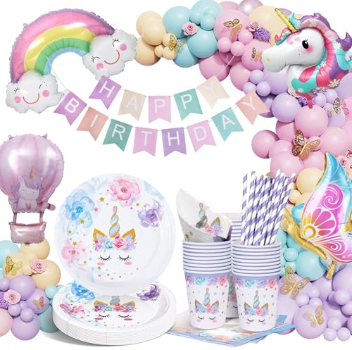 Unicorn Party Tableware Set Butterfly Theme Unicorn Birthday Decoration Set | Paper Plates Cups Napkins Straws Banner with Butterfly Balloons for Kids' Birthday Parties Baby Shower 16 Guests
