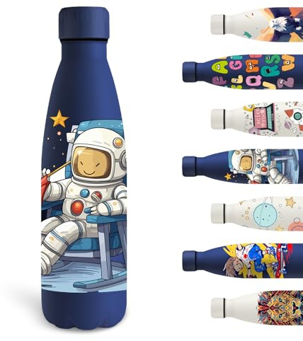 Grsta Trinkflasche, 500ml Trinkflasche Edelstahl, Kinder BPA-freie, Personalisiert mit Astronaut-Muster, Wasserflasche Doppelwandig, für Schule, Camping, Running, Blau