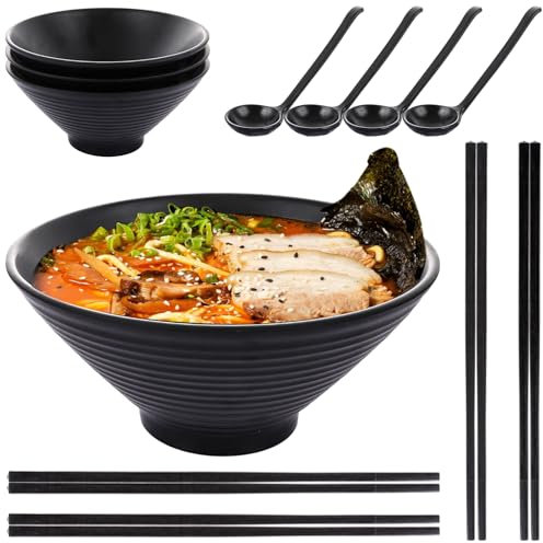 YOUNTHYE Ramen Bowls Set of 4, 20cm Large Japanese Noodle Bowl with Chopsticks and Spoons, 1200ml Melamine Bowls Set for Noodles, Soup, Udon, Pho, Salad, Pasta