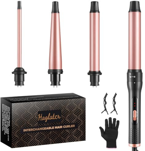 Curling Wand 4 in 1, Hair Curler Ceramic Curling Iron Set with 4 Interchangeable Barrels for Long Thick Thin Hair, Hair Styling Tools with Glove