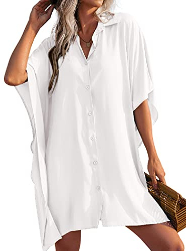 AI'MAGE Women Swimsuit Cover Up 3/4 Sleeve Beachwear Bikini Coverups Button Down Oversized Cover Up Shirt White XXL