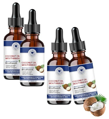 Mundwasser mit Kokosnussöl, ätherische Öle für Mundwasser mit Kokosnussöl, Bio-Mundwasser zum Ölziehen mit Kokosnussöl, für frischen Atem und Mundgesundheit für Zähne und Zahnfleisch (4pcs)