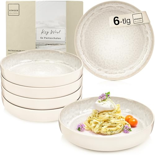 SÄNGER Key West Steingut Pastaschalen 6 tlg, Nudel Schalen Set 6 Personen | , Schüssel Set spülmaschinenfest mikrowellenfest, große Schüssel Creme mit sandiger Maserung 750 ml