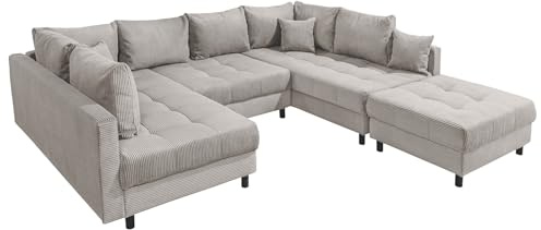 XXL Wohnlandschaft KENT - 305cm - greige - Cord - Federkern inkl. Hocker | 11 Kissen inklusive, als Schlafsofa nutzbar, Rundum-Bezug, pflegeleicht