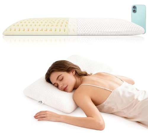 Talatex Oreiller Plat en Latex Naturel pour Dormeurs sur le Ventre, Oreiller Ergonomique Fin pour Soulagement de la Pression, Respirant et Confortable