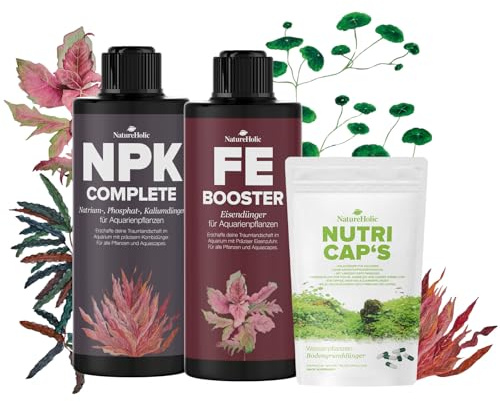 NatureHolic Aquarium Dünger Rundum Sorglospaket | Prächtige Pflanzen All-in-One-Lösung - Komplettdünger + Langzeitdünger Kapseln, nichts weiter nötig! Wachstumsbooster | 2x 250ml + Bodendünger Kapseln
