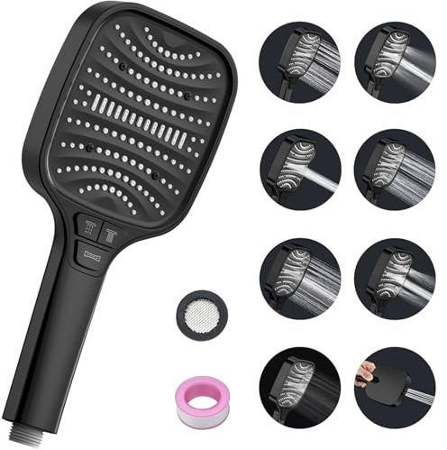 Duschkopf mit 8 Strahlarten & Stoppfunktion – Große Regendusche Handbrause, wassersparende Duschbrause, Spardusche, Brausekopf für Dusche, Schwarz