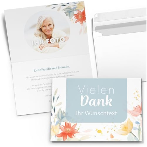 10 Dankeskarten Klappkarten Set A6 - personalisierte Danksagungskarten Danke Hochzeit Geburtstag Taufe Konfirmation Kommunion Jugendweihe Umschlag Buntes Blumen Bild Rahmen