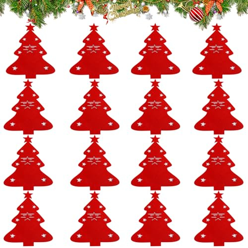 LOMIMOS 16 Stück Weihnachtsbaum Bestecktasche Filz,Rot Grün Weihnachtsbaum Tischdeko Besteckbeutel Geschirr Besteck Taschen für Party Tisch Weihnachtsdeko