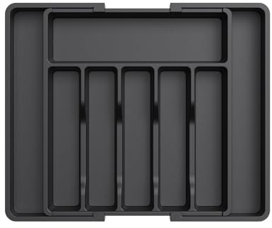 Evapure Cutlery Tray, Drawer Organizer, Expandable Utensil Tray for Kitchen, Large Capacity, Adjustable Size, 8 Compartments, Sturdy Design, Long Lasting Build, Easy To Use (Black)