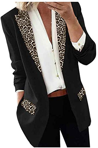Grosse Groessen Blazer Damen 3/4 Arm mit Leoparden- Schwarz Longblazer Langzarm Leo Print Frauen-Jackett Anzug Einfarbig Damenblazer Sweatblazer Trachtenblazer Strickblazer Jersey Jacke