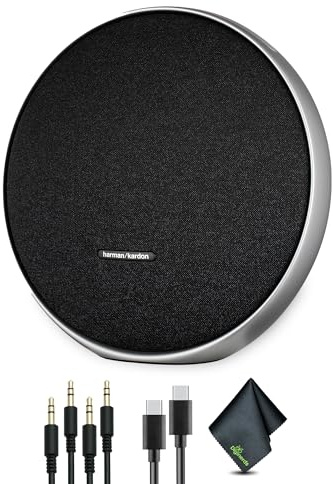 Harman Kardon Onyx Studio 9 Altavoz Bluetooth estéreo portátil (HKOS9BLKJN) El paquete incluye: 2 cables auxiliares, fuente de alimentación, cable tipo C, paño de fibra