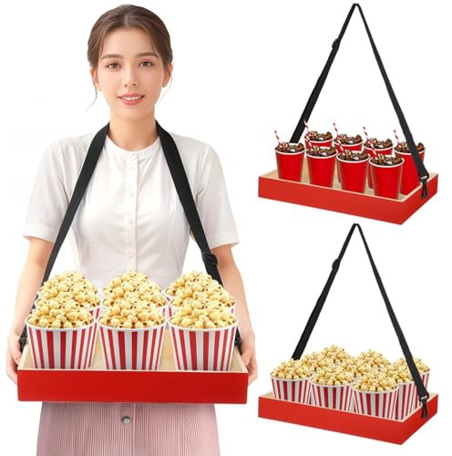yeeplant 2 bandejas de aperitivos de madera roja con correas para los hombros, palomitas de maíz y soportes para bebidas de mano vintage para fiestas, eventos y picnics