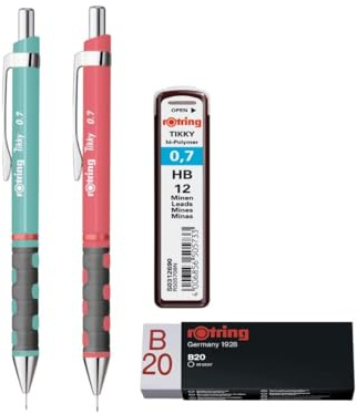 rOtring Tikky Bleistift Set - 2 Druckbleistifte 0,7 mm (Seeblau & Koralle) + 0,7 mm HB Minen + Radiergummi - Premium Schreibset für Schule, Zeichnen & Büro