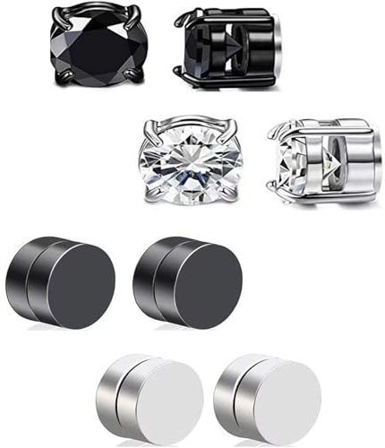 4 Pairs Magnetic Earrings, Stainless Steel Stud Earrings, Silver and Black Mixed Set, Magnetic Studs with Zircon in Stainless Steel Silver-Black Combination