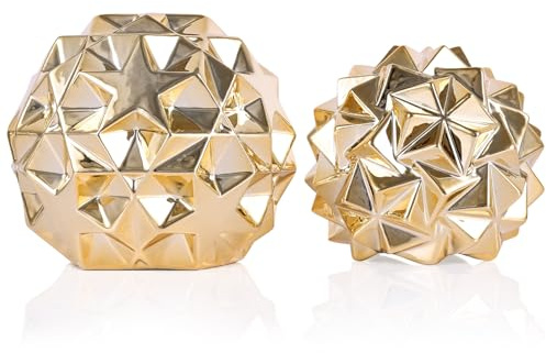 oliruim Gold Decor Geometrische Kugelfiguren, 2 Stück, Keramik, Gold, abstrakte Wohnakzente, Kugeln für Wohnzimmer, Couchtisch, Regal, Kaminsims, Bürotischplatte, moderne Skulptur