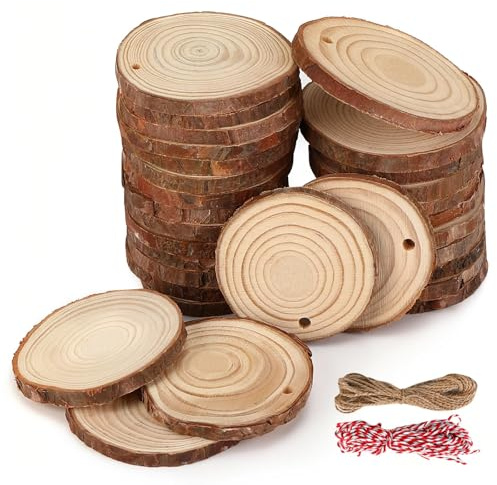 40 Pezzi Dischi Legno Naturale da Decorare, Diametro 5-6 cm, Spessore 10mm, Fette di Legno con Corteccia, Senza Fori, Adatti per Pirografo, Natale, Pasqua
