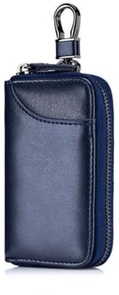 YHESUBZ Portallaves de Cuero,Estuches de llave,Portátil, Portallaves de Piel,cierre con cremallera y seis ganchos para llaves,con 3 Compartimentos Separados,Apto para hombres y mujeres(Azul)