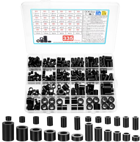 335 separadores de plástico ABS, manguitos espaciadores de nailon, casquillos de plástico, M3, M4, M6, M8, aislamiento redondo, sin rosca para tornillos de placas de circuitos impresos (negro, 24
