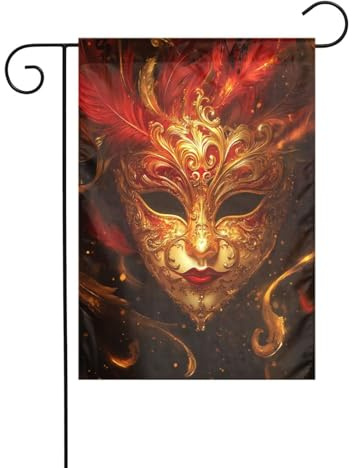 Masque de bal masqué rouge et doré - Drapeau de jardin - 30 x 45 cm - Vertical double face - Décoration extérieure - Drapeau de cour