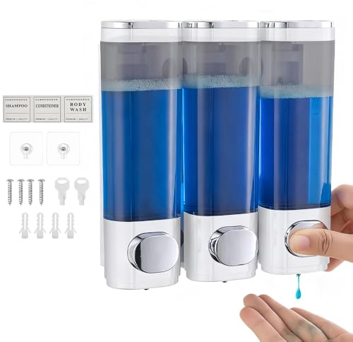 Zithgen 3 Kammern Shampoo Conditioner Dispenser, Seifenspender Wandbefestigung Shampoo Duschgel Spender ohne Bohren, Kunststoff Manueller Flüssigseifenspender für Badezimmer, Küche, 300ml