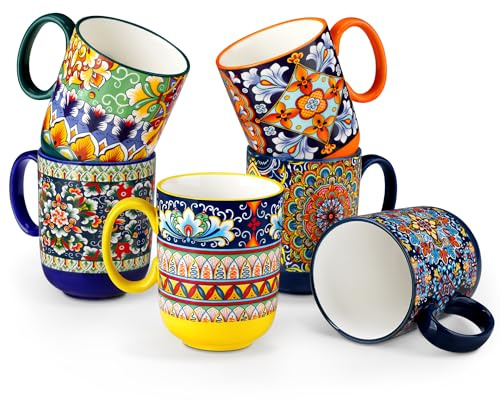 vancasso Simi Boho Coffee Mugs Set of 6, 14 oz Ceramic Mugs with Handle, Colorful Porcelain Cups Microwave Dishwasher Safe, for Latte Tea Cappuccino Cocoa Hot Chocolate